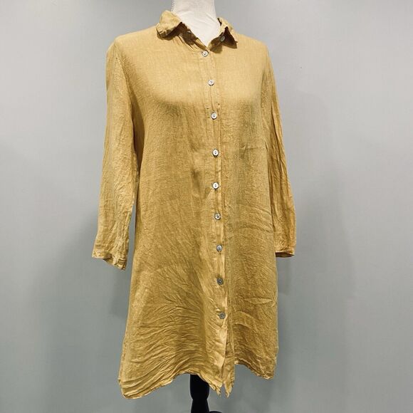 FRANCESCA BETTINI M Linen Yellow Button Shirt Dress Roll-Tab Cottage Lagenlook - Picture 1 of 16